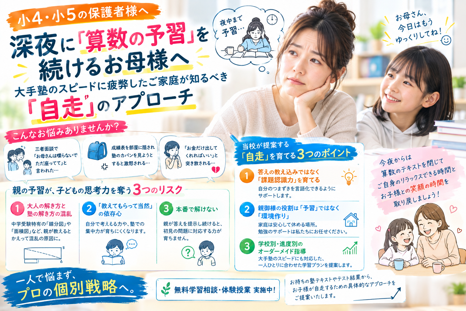 小4・小5の保護者様へ｜深夜に算数の予習を続けるお母様へ向けた大手塾・個別指導の自走アプローチ（s-Liveかながわ北山田駅前校）